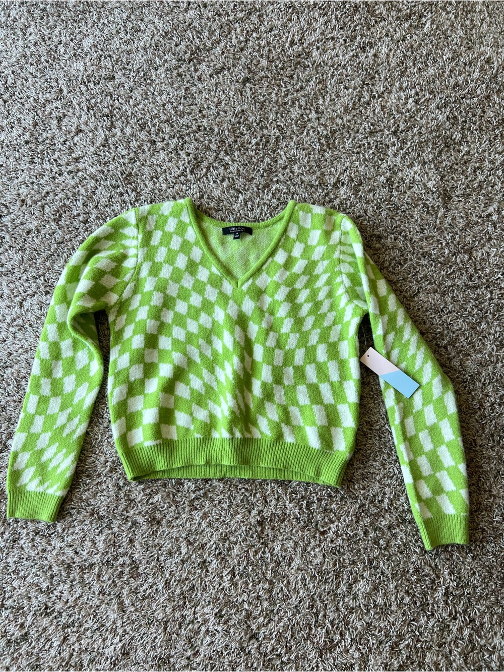 V-Neck Checker Knit Sweater in Lime & Cream